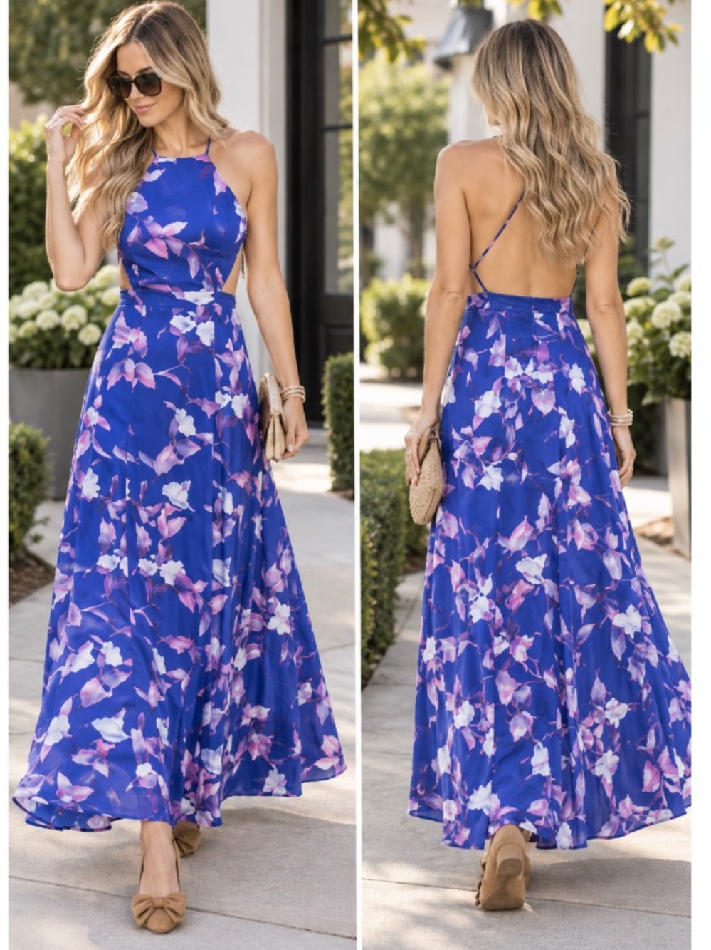 Fame and Partners Floral Chiffon Halter Open Back Slit Maxi Dress Event Blue 6